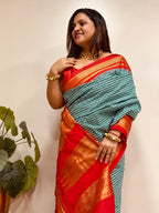 Green and Red Ilkal Silk Temple Border Checks Saree