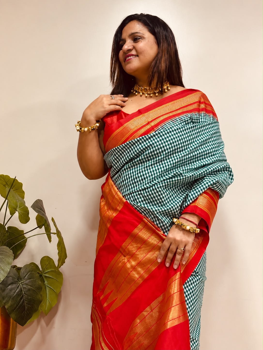 Green and Red Ilkal Silk Temple Border Checks Saree