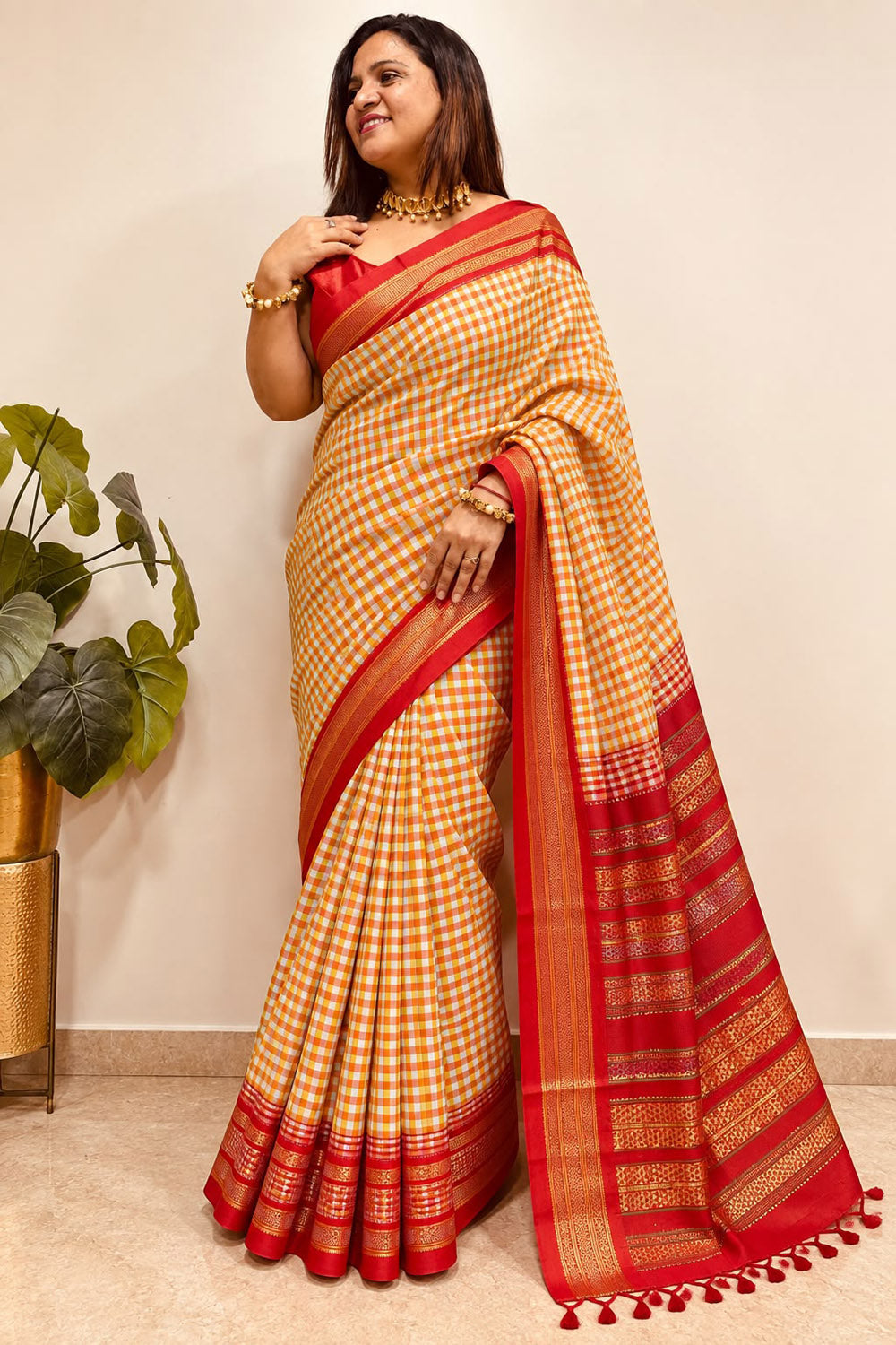 Orange and Red Ilkal Silk Temple Border Checks Saree