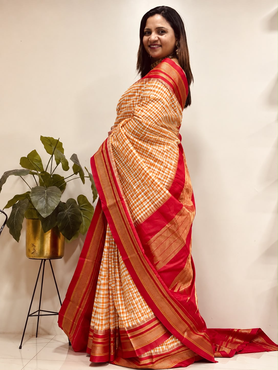 Orange and Red Ilkal Silk Temple Border Checks Saree