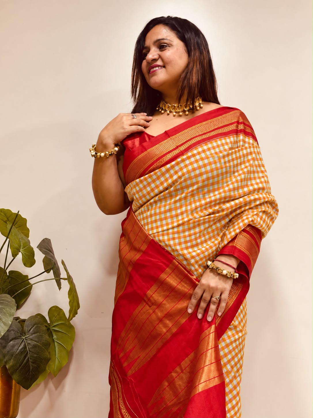 Orange and Red Ilkal Silk Temple Border Checks Saree