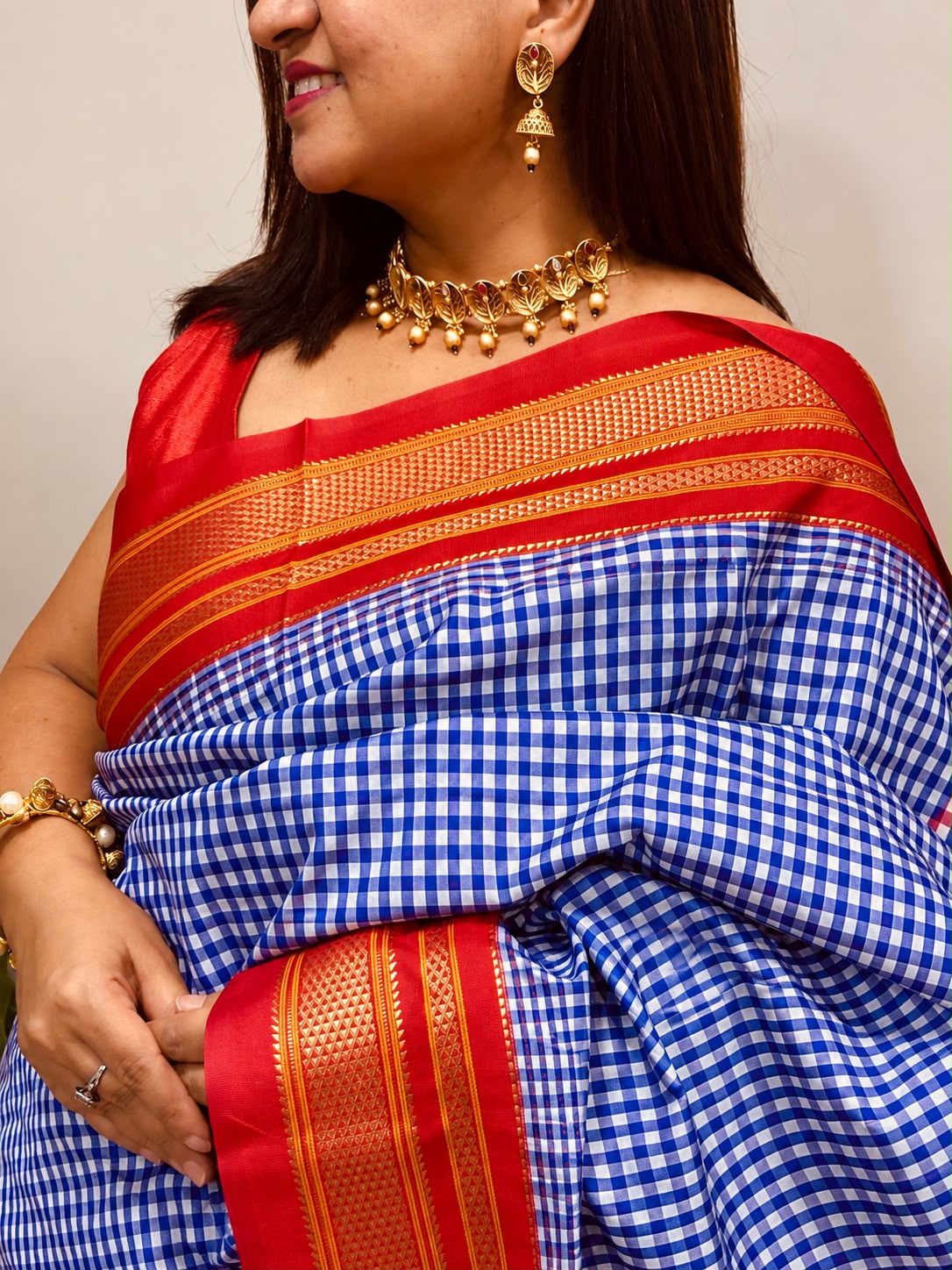 Purple and Red Ilkal Silk Temple Border Checks Saree