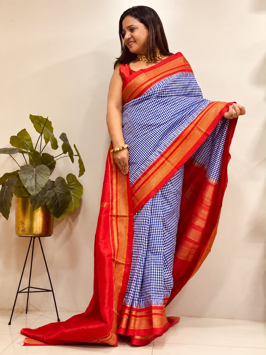 Purple and Red Ilkal Silk Temple Border Checks Saree