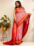 Red Ilkal Silk Temple Border Checks Saree