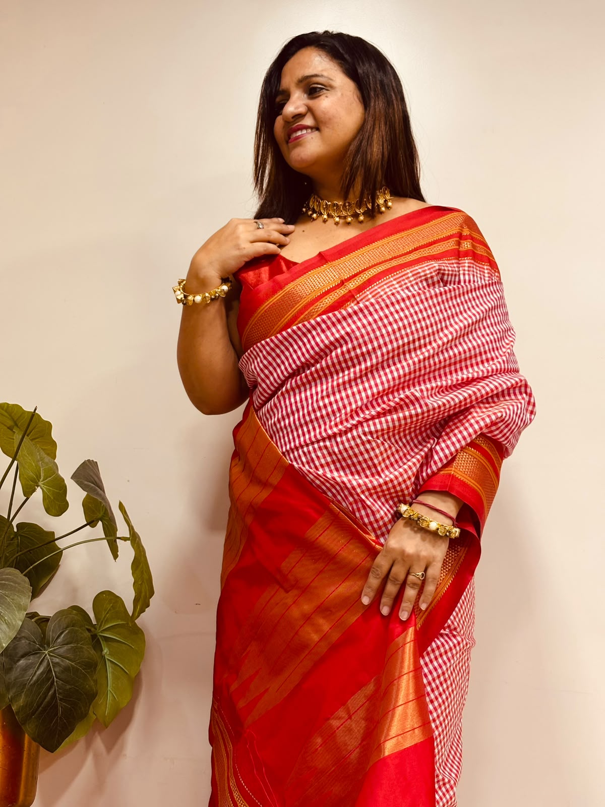 Red Ilkal Silk Temple Border Checks Saree