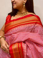Red Ilkal Silk Temple Border Checks Saree