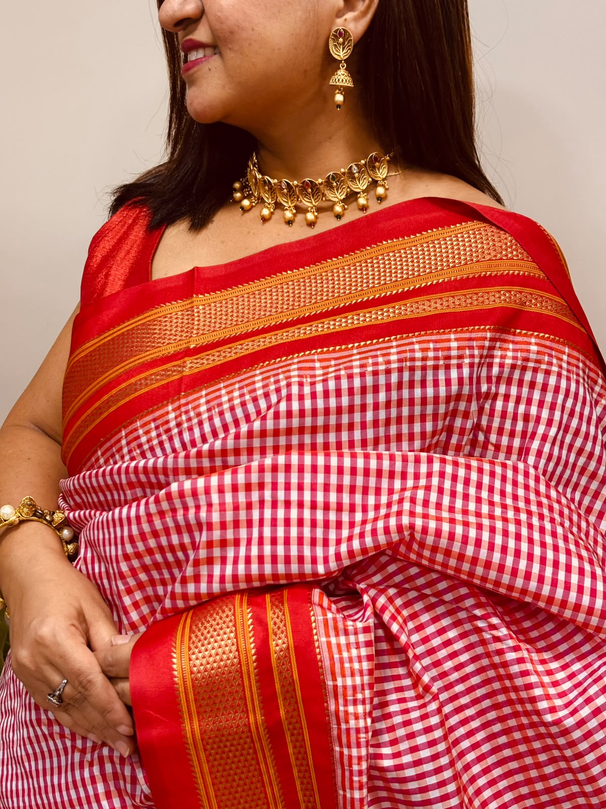Red Ilkal Silk Temple Border Checks Saree