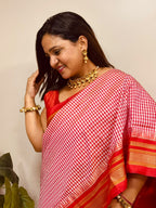 Red Ilkal Silk Temple Border Checks Saree