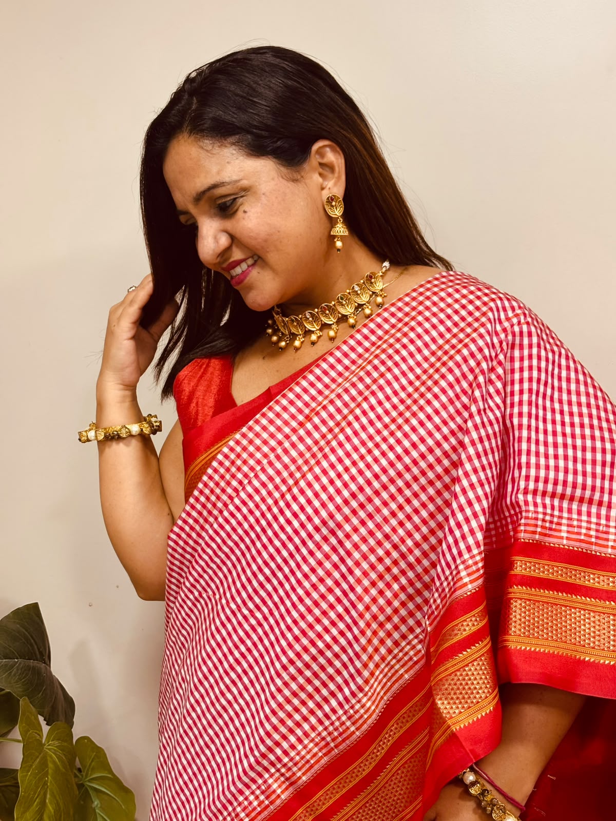 Red Ilkal Silk Temple Border Checks Saree