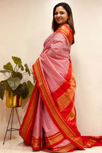 Red Ilkal Silk Temple Border Checks Saree