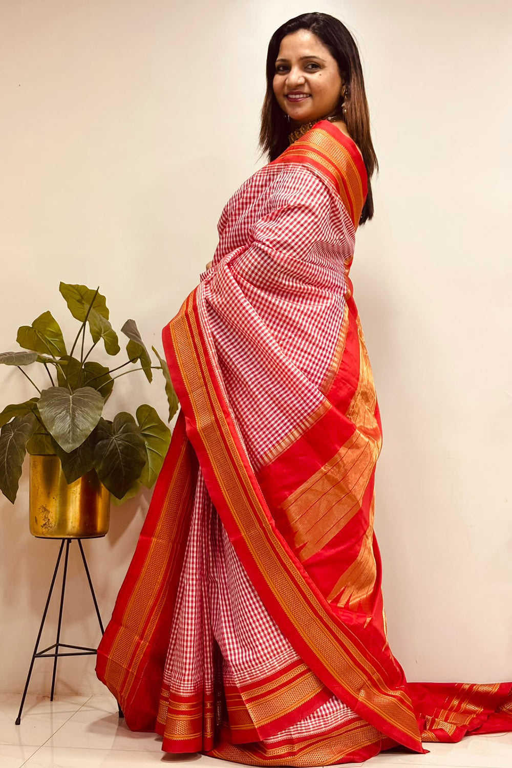 Red Ilkal Silk Temple Border Checks Saree