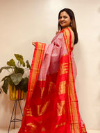 Red Ilkal Silk Temple Border Checks Saree