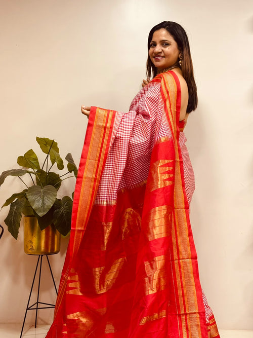 Red Ilkal Silk Temple Border Checks Saree