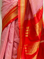 Red Ilkal Silk Temple Border Checks Saree