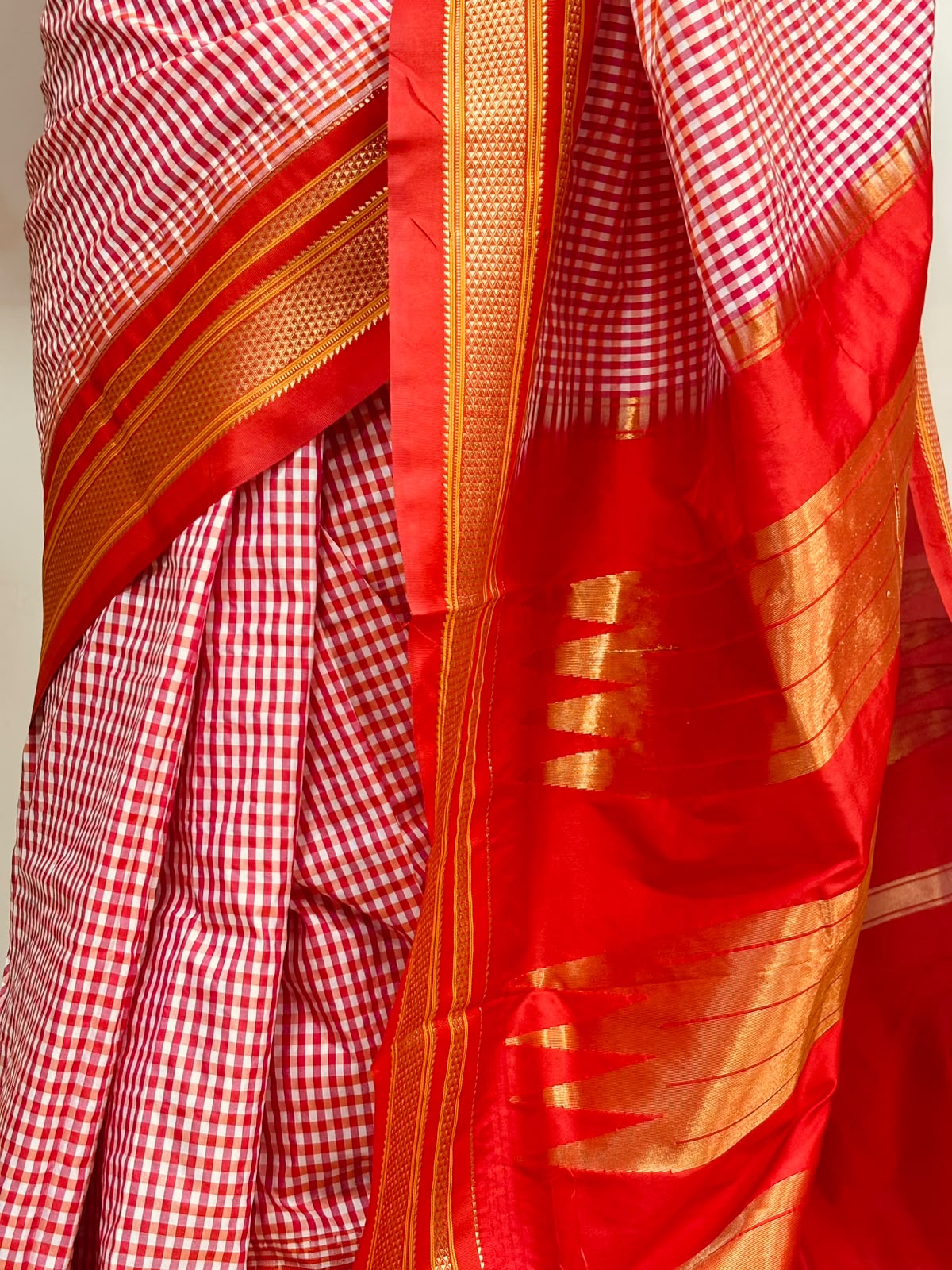 Red Ilkal Silk Temple Border Checks Saree