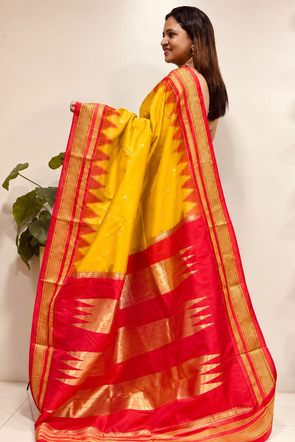 Yellow and Red Ilkal Silk Small Booti Big Temple Border Saree