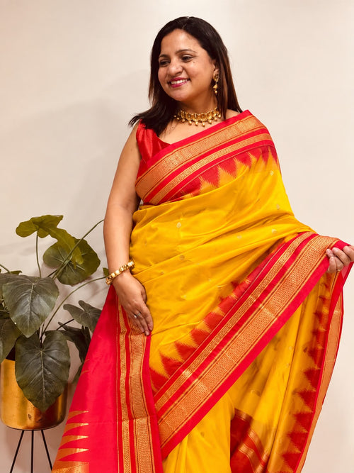 Yellow and Red Ilkal Silk Small Booti Big Temple Border Saree
