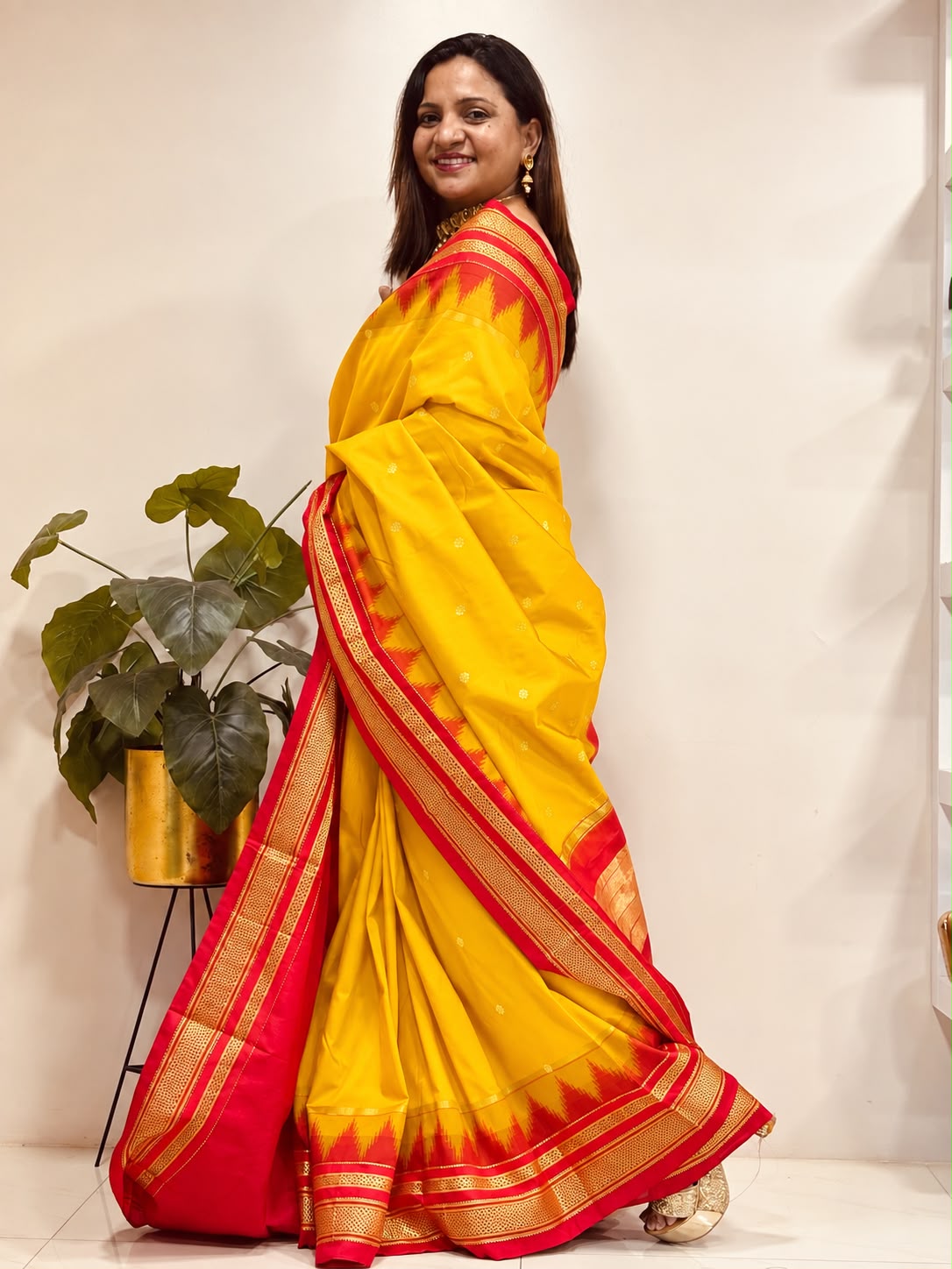 Yellow and Red Ilkal Silk Small Booti Big Temple Border Saree
