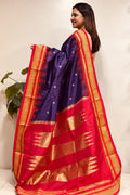 Purple and Red Ilkal Silk Small Booti Big Temple Border Saree