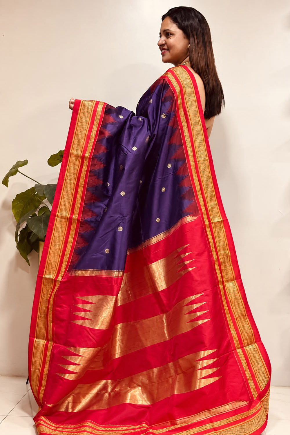 Purple and Red Ilkal Silk Small Booti Big Temple Border Saree