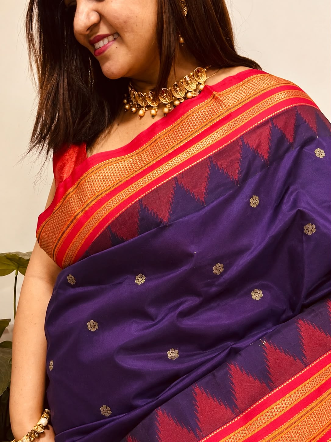 Purple and Red Ilkal Silk Small Booti Big Temple Border Saree