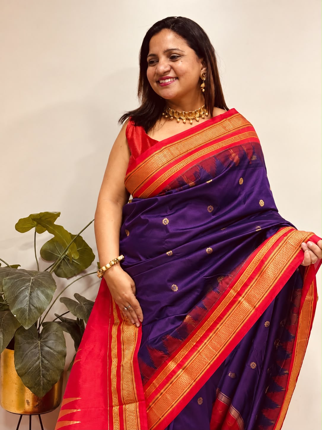 Purple and Red Ilkal Silk Small Booti Big Temple Border Saree