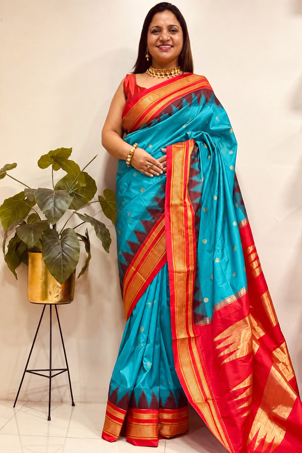Blue and Red Ilkal Silk Small Booti Big Temple Border Saree