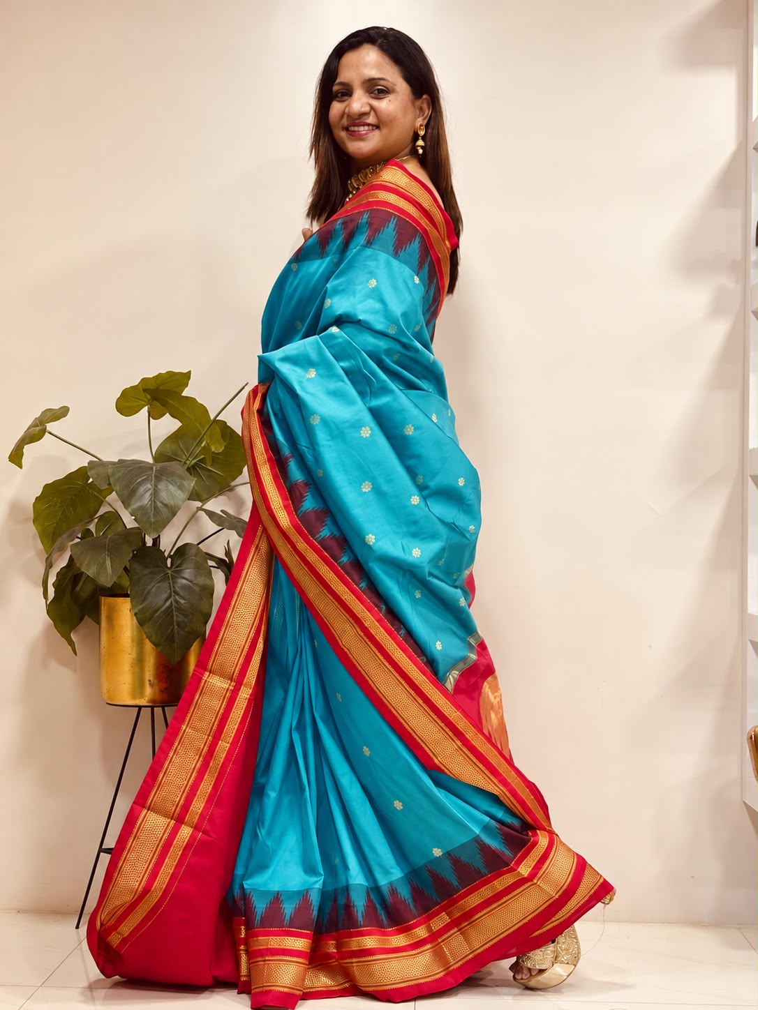 Blue and Red Ilkal Silk Small Booti Big Temple Border Saree