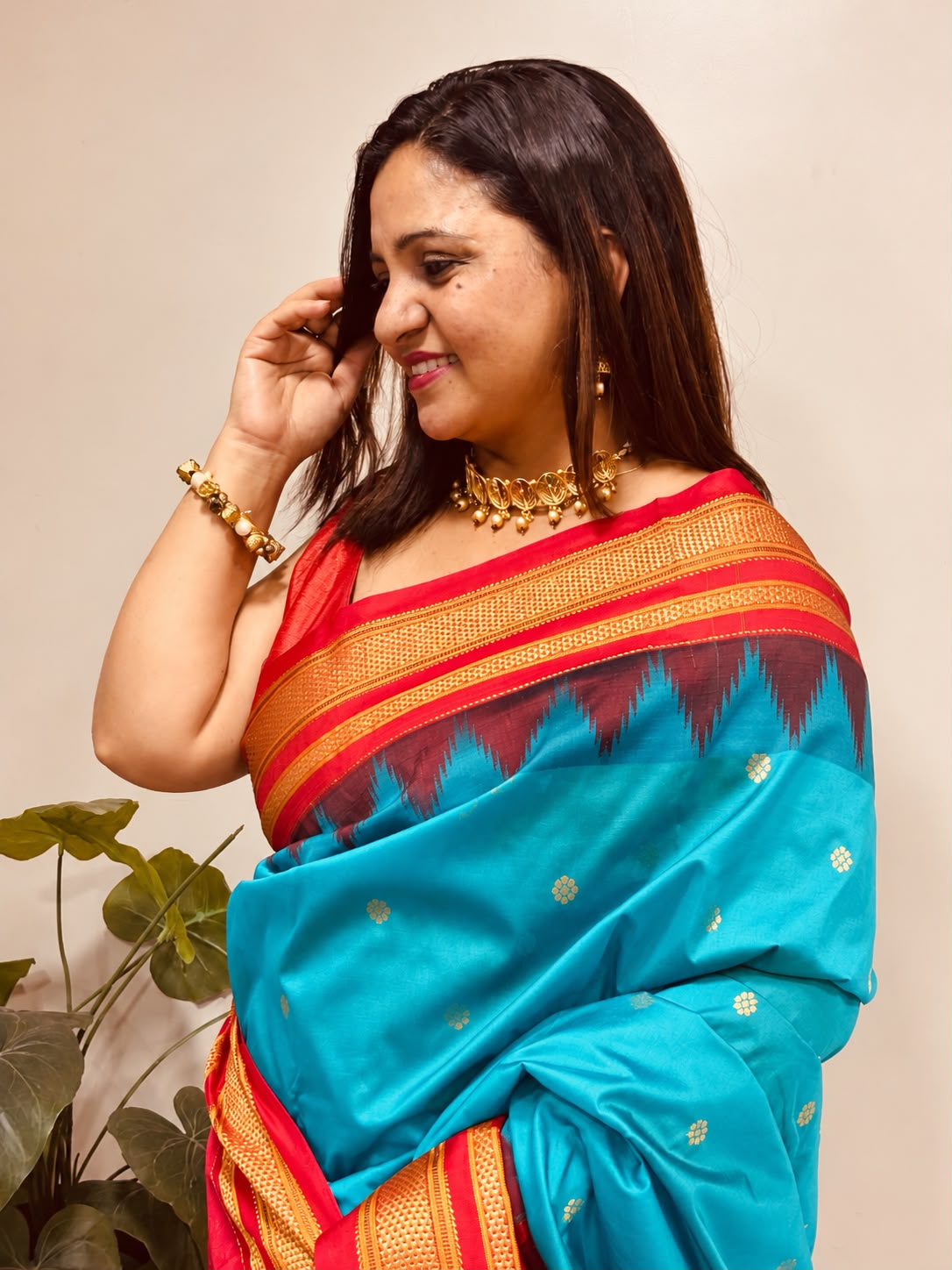 Blue and Red Ilkal Silk Small Booti Big Temple Border Saree