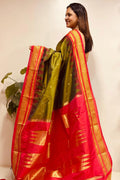 Green and Red Ilkal Silk Small Booti Big Temple Border Saree
