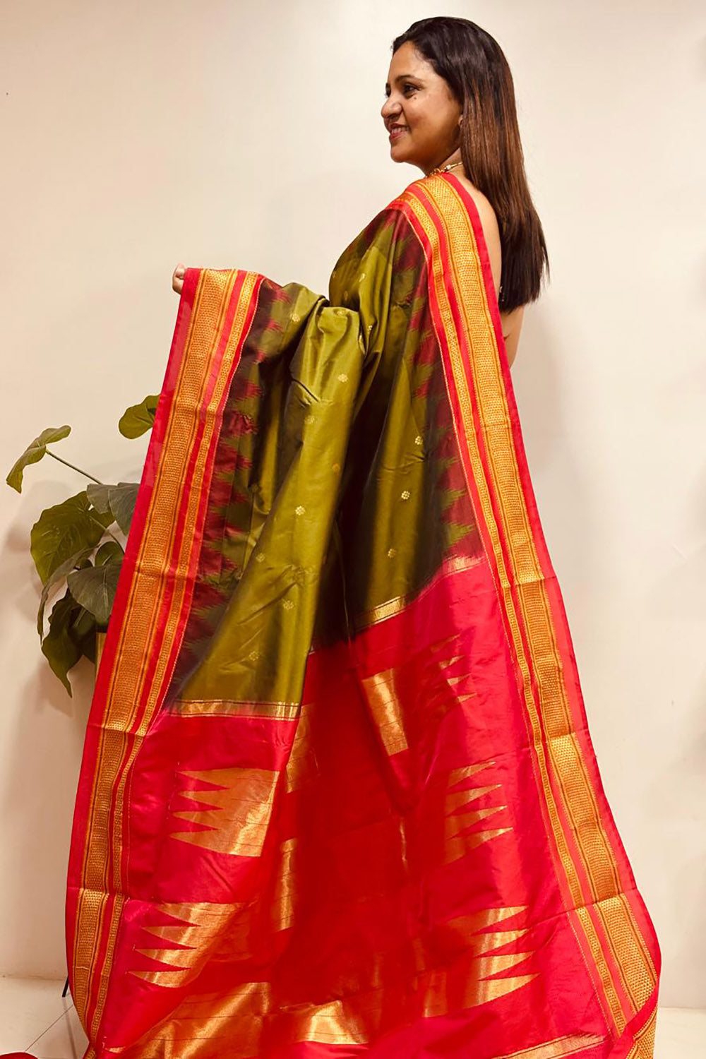 Green and Red Ilkal Silk Small Booti Big Temple Border Saree