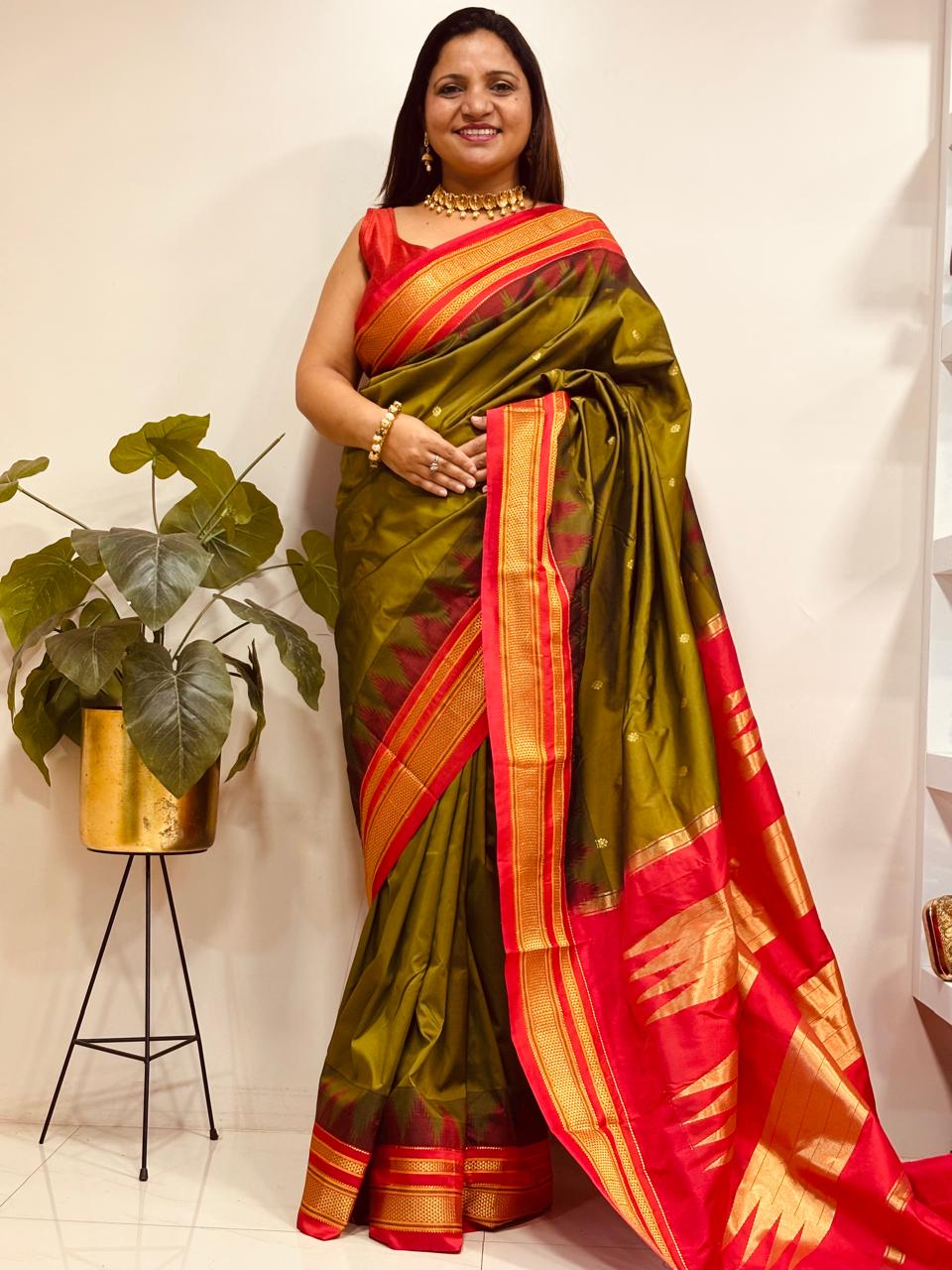 Green and Red Ilkal Silk Small Booti Big Temple Border Saree