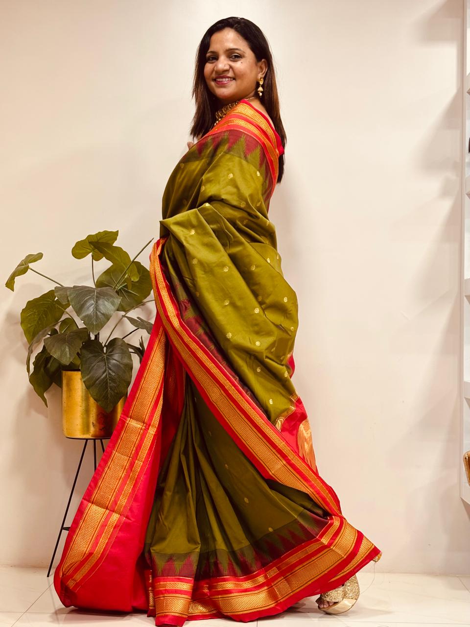 Green and Red Ilkal Silk Small Booti Big Temple Border Saree