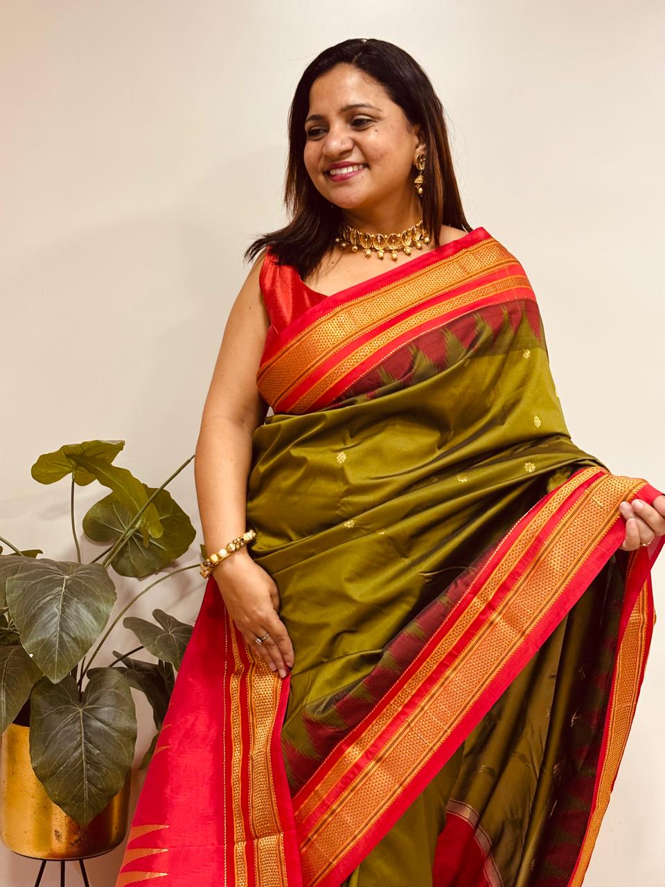 Green and Red Ilkal Silk Small Booti Big Temple Border Saree