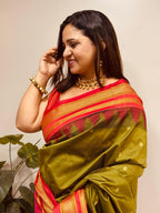 Green and Red Ilkal Silk Small Booti Big Temple Border Saree