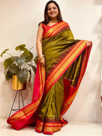 Green and Red Ilkal Silk Small Booti Big Temple Border Saree