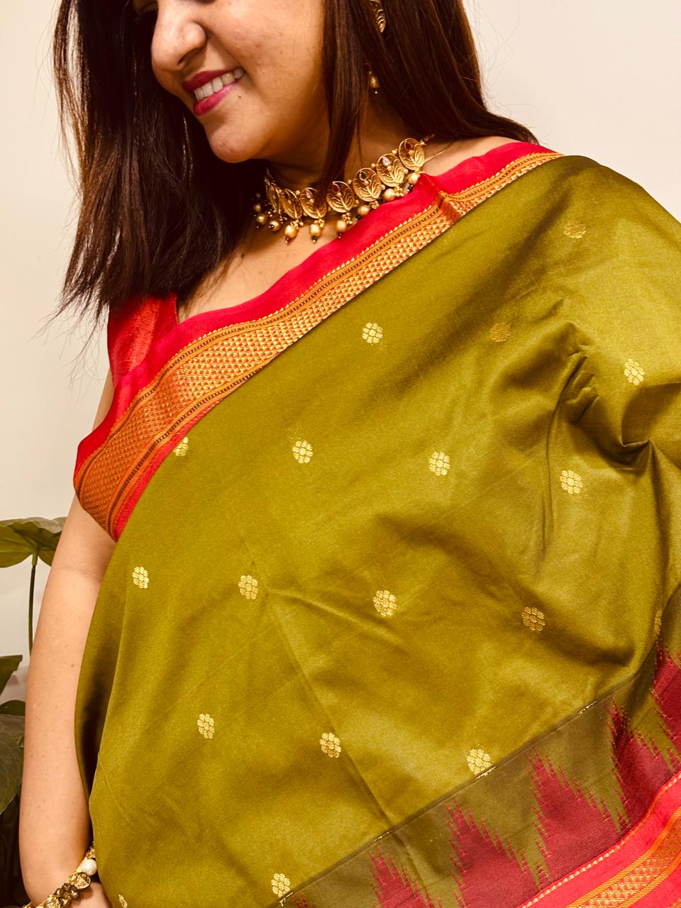 Green and Red Ilkal Silk Small Booti Big Temple Border Saree