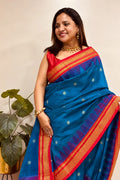 Blue and Red Ilkal Silk Small Booti Big Temple Border Saree