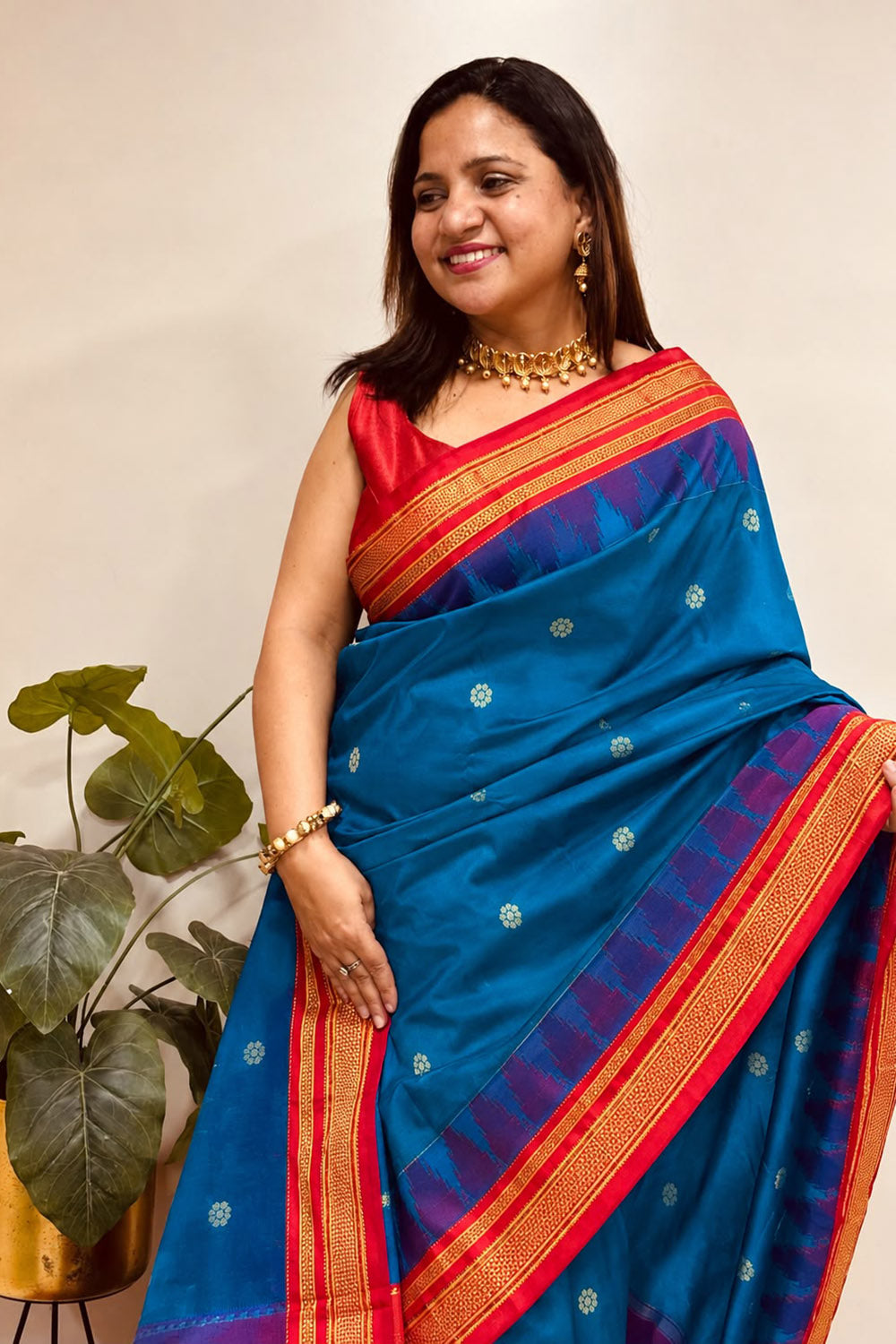 Blue and Red Ilkal Silk Small Booti Big Temple Border Saree