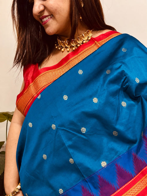 Blue and Red Ilkal Silk Small Booti Big Temple Border Saree
