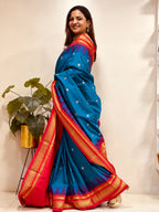 Blue and Red Ilkal Silk Small Booti Big Temple Border Saree