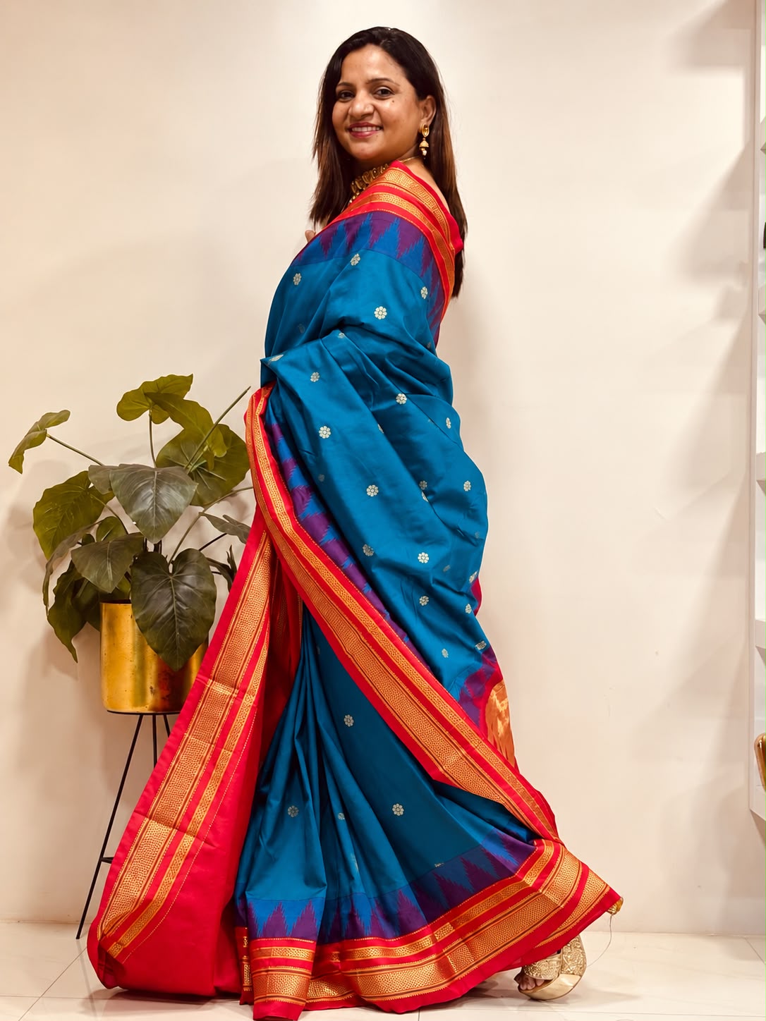Blue and Red Ilkal Silk Small Booti Big Temple Border Saree
