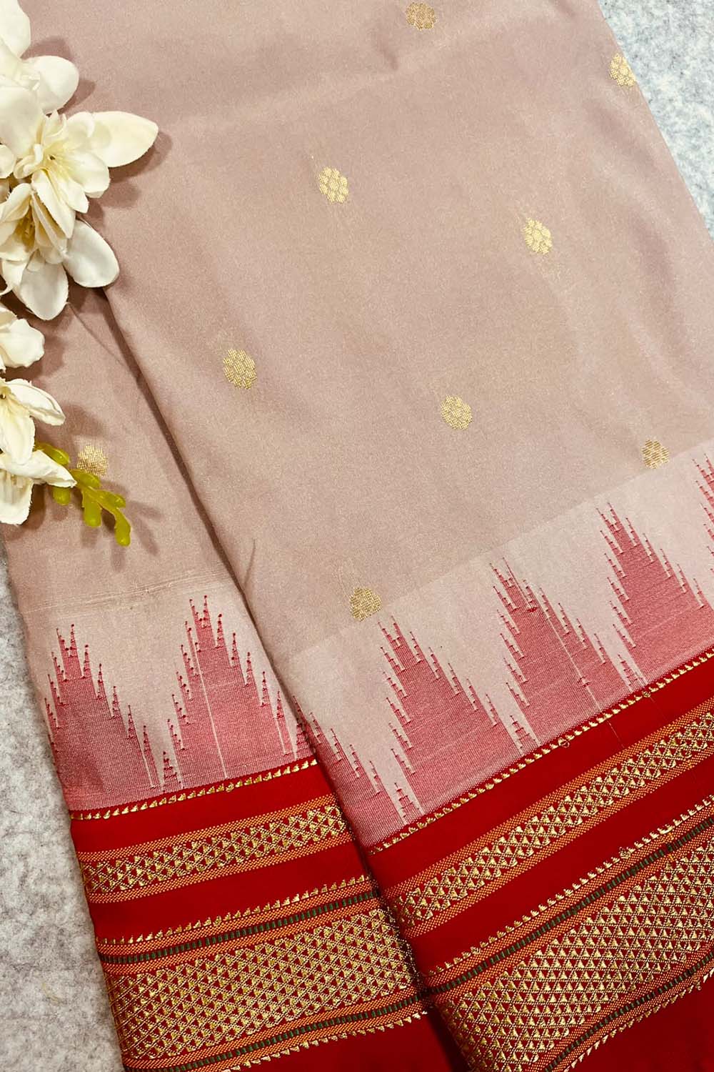Pastel and Red Ilkal Silk Small Booti Big Temple Border Saree