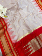 Pastel and Red Ilkal Silk Small Booti Big Temple Border Saree
