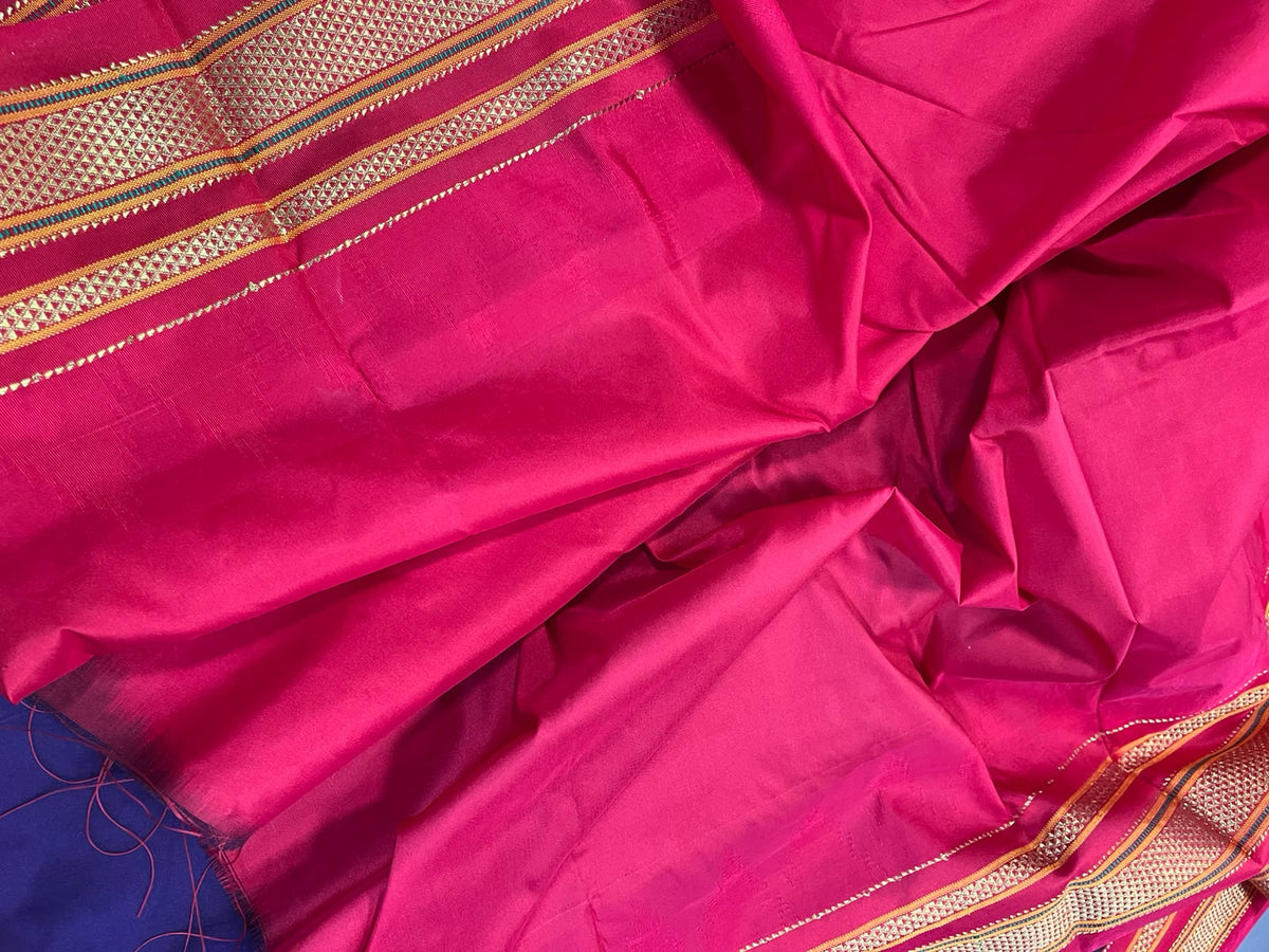 Pastel and Red Ilkal Silk Small Booti Big Temple Border Saree