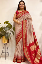 Pastel and Red Ilkal Silk Small Booti Big Temple Border Saree