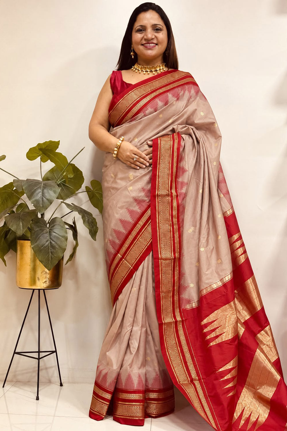 Pastel and Red Ilkal Silk Small Booti Big Temple Border Saree