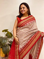 Pastel and Red Ilkal Silk Small Booti Big Temple Border Saree