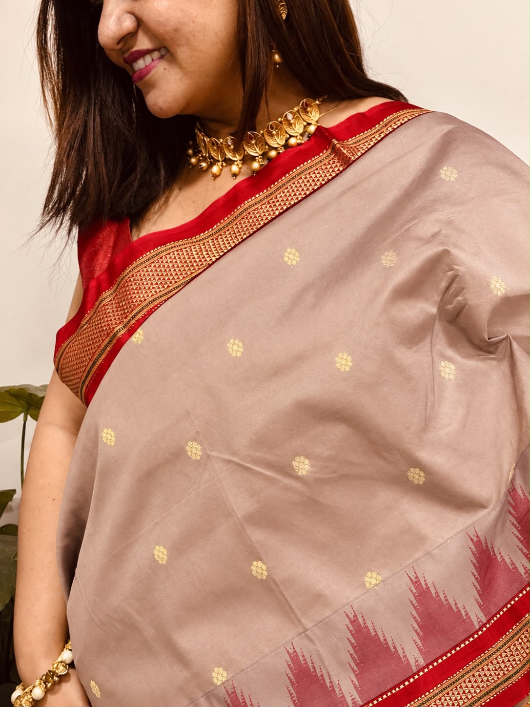 Pastel and Red Ilkal Silk Small Booti Big Temple Border Saree
