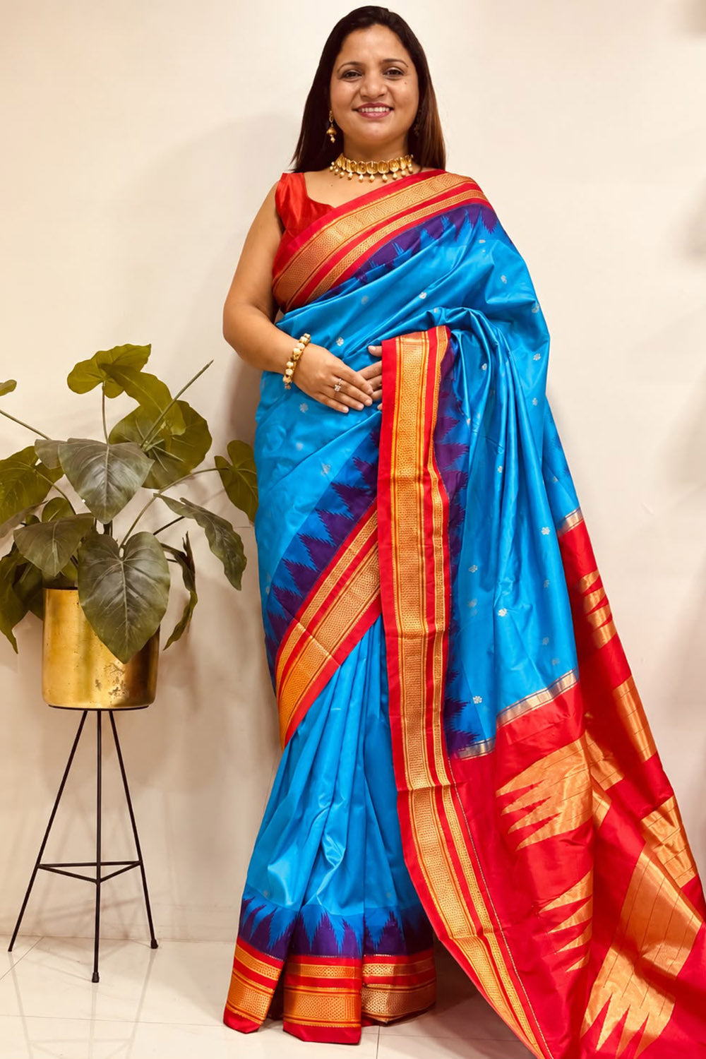 Blue and Red Ilkal Silk Small Booti Big Temple Border Saree